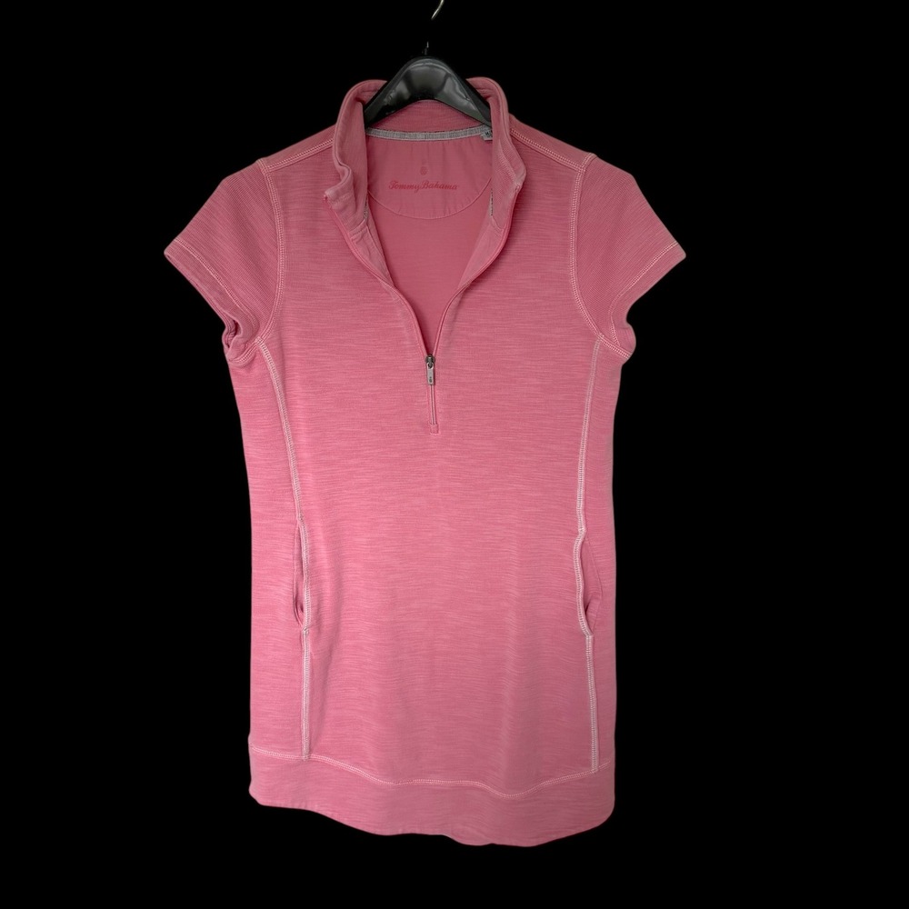 Tommy Bahama Womens Pink Quarter Zip Short Sleeve‎ Tunic Top Pockets Medium